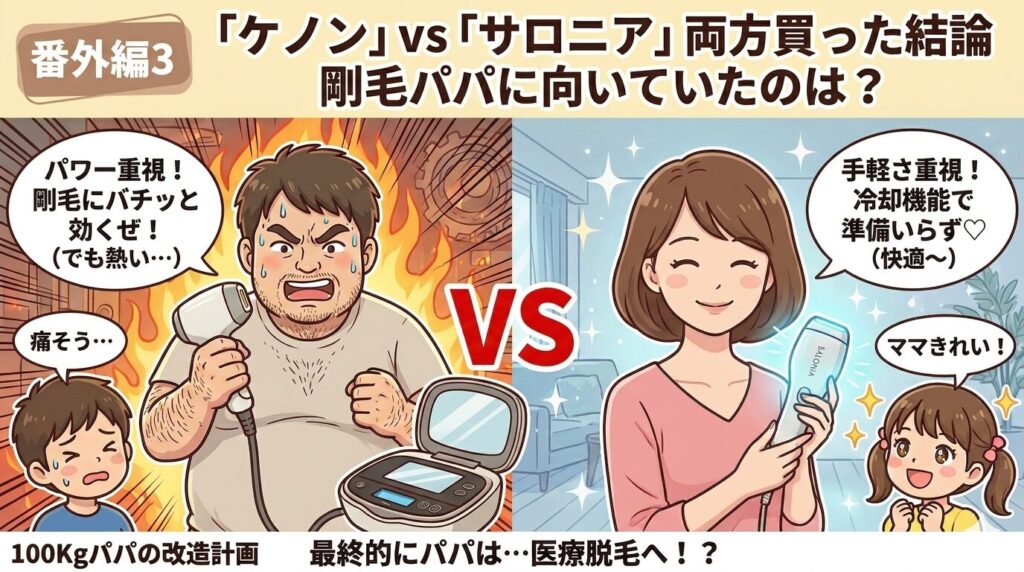 家庭用脱毛器ケノンとサロニアを夫婦で使い比べるイラスト