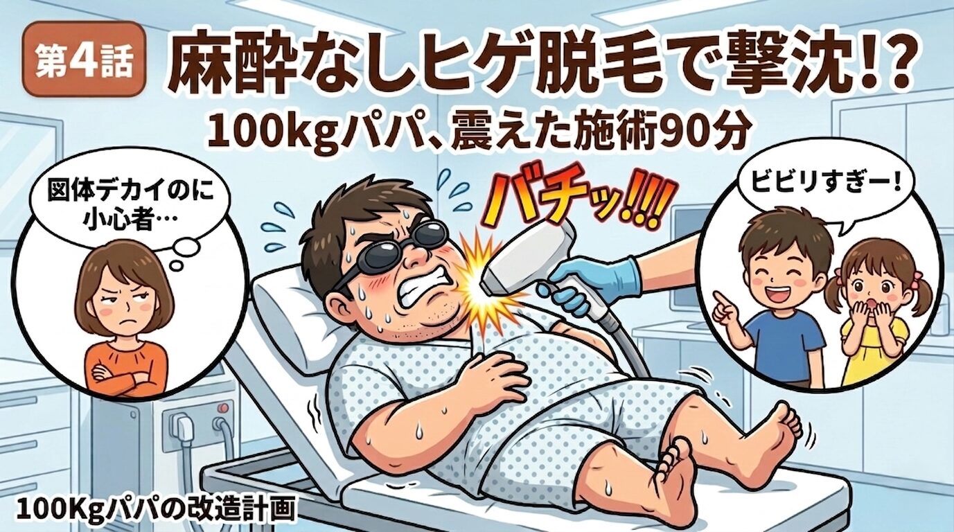 麻酔なしの医療脱毛で施術台の上で震える100kgパパのイラスト