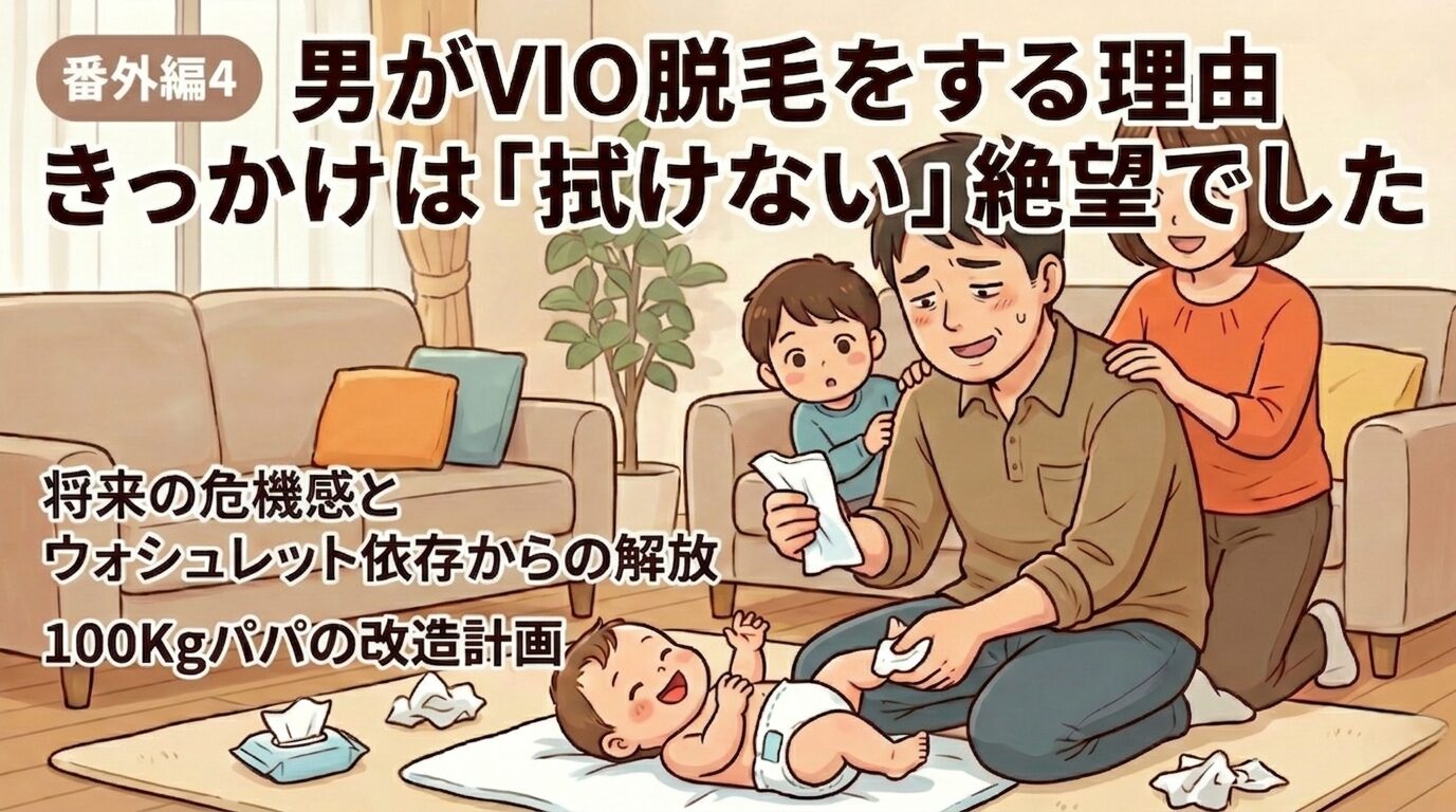 オムツ替えをきっかけにVIO脱毛を決意した100kgパパと家族のイラスト