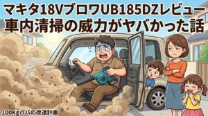 マキタ18VブロワUB185DZで車内清掃する100kgパパのイラスト