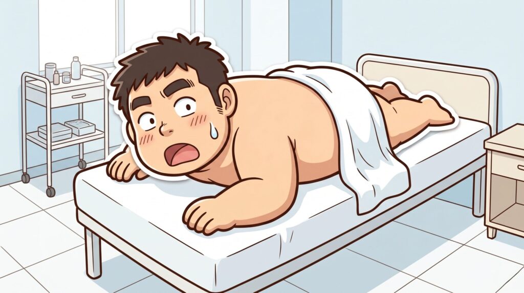医療脱毛クリニックの施術ベッドにうつ伏せで寝て戸惑う男性のイラスト