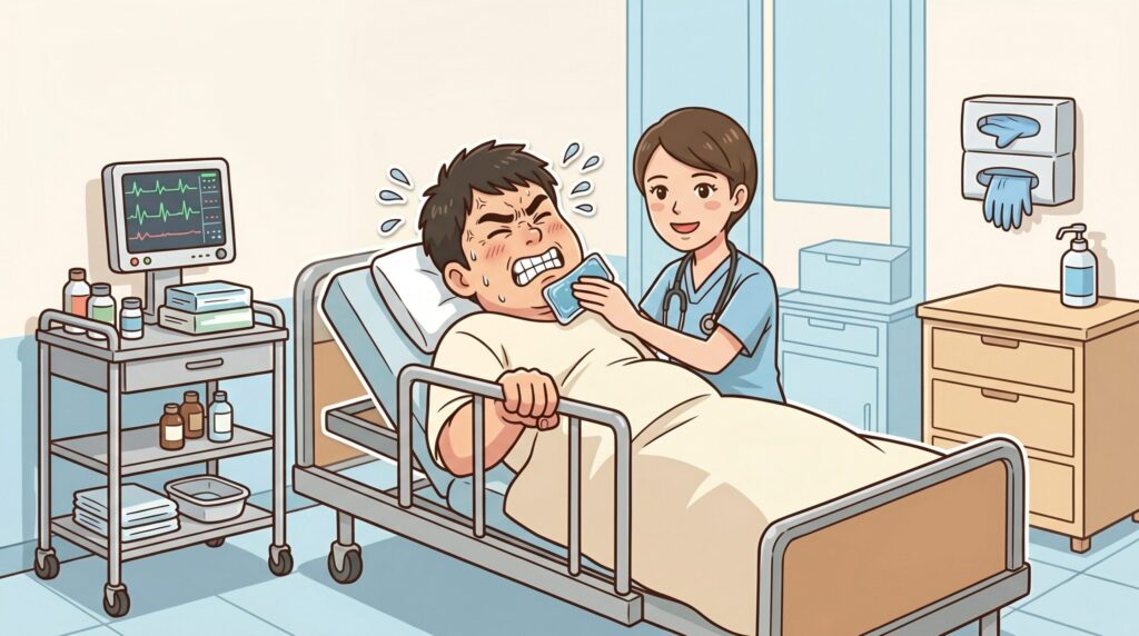 ヒゲ照射の痛みに耐える男性に看護師が保冷剤を当てる施術中のイラスト