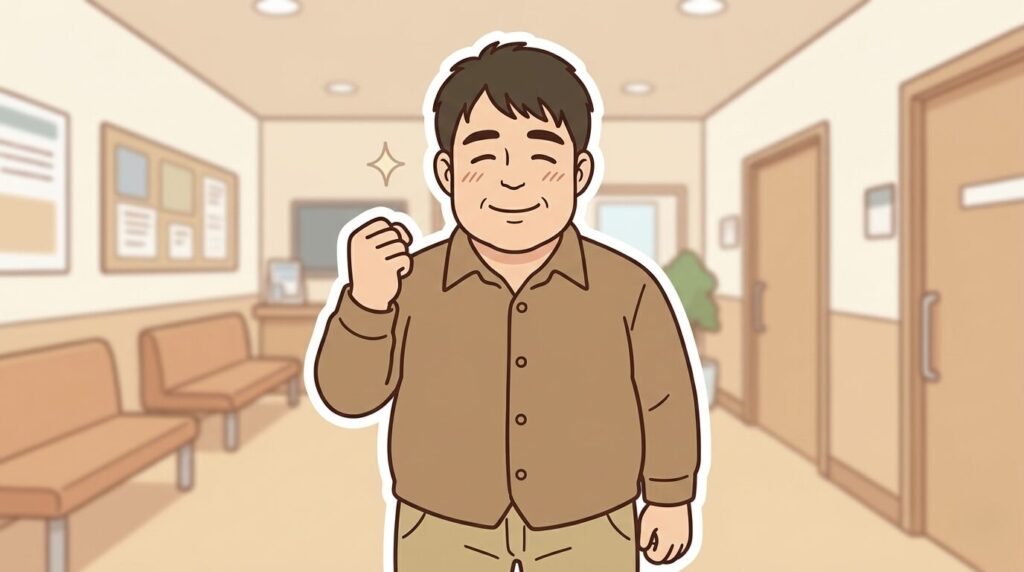 施術を終えてクリニックの待合で満足げにガッツポーズする男性のイラスト