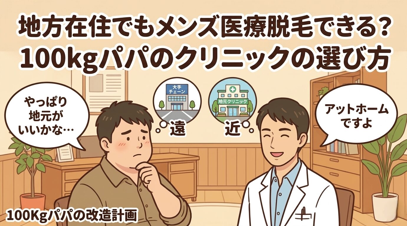地方で大手と地元クリニックを比較する100kgパパと医師のイラスト