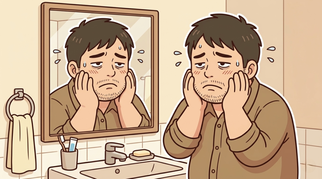 洗面所の鏡を見ながら変わらないヒゲに肩を落とす男性のイラスト