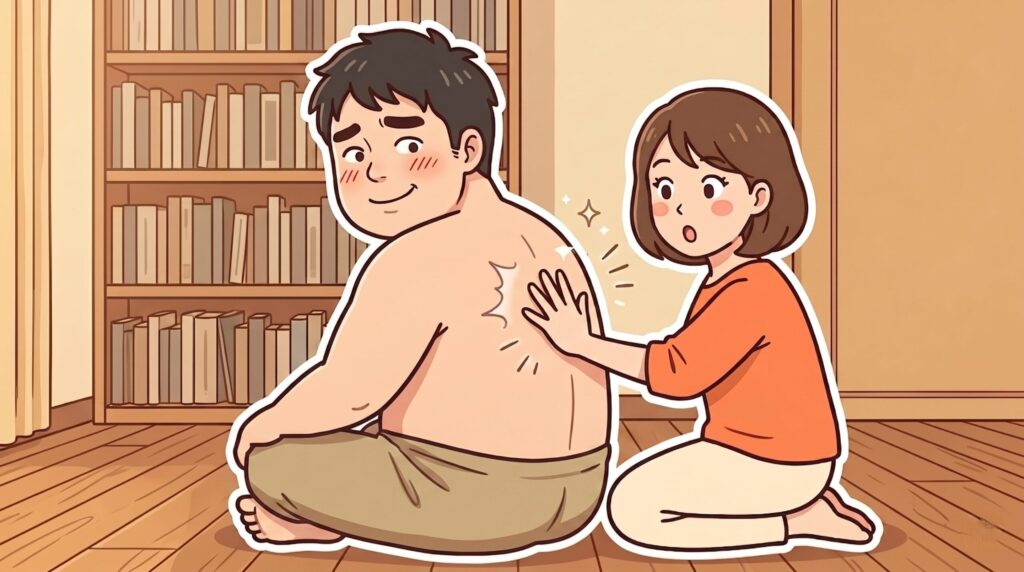 あぐらをかいた夫の背中を触って毛の状態を確認する妻のイラスト