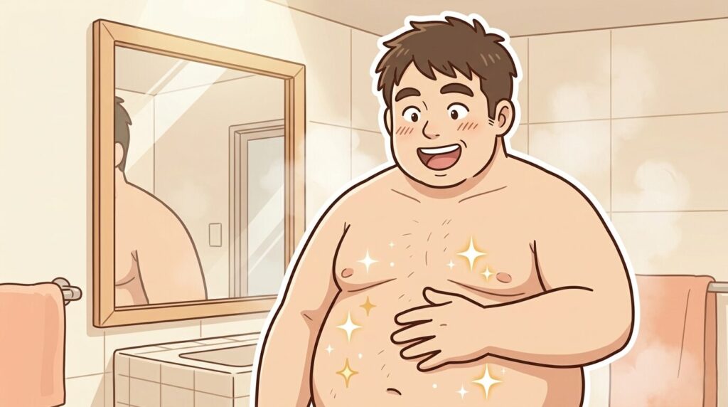 浴室で体毛が抜けてスッキリしたお腹を触って喜ぶ男性のイラスト