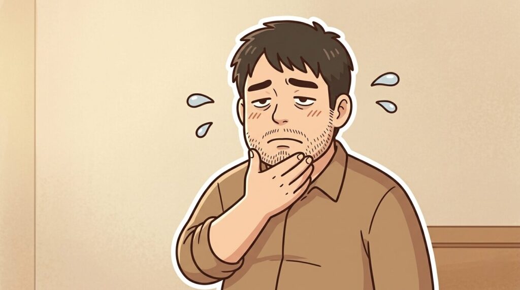 3回の施術後も変わらないアゴのヒゲを触って涙ぐむ男性のイラスト