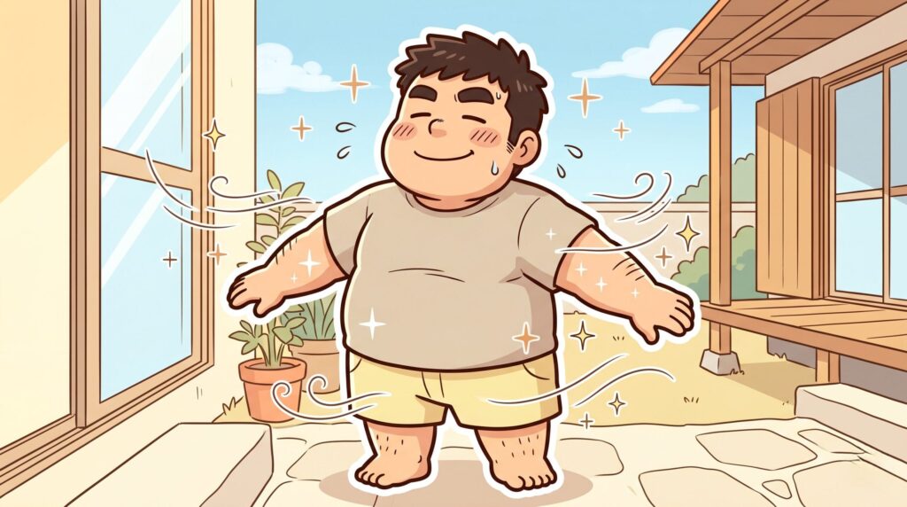 初夏の屋外で風を感じながらさらさらの肌を実感する男性のイラスト