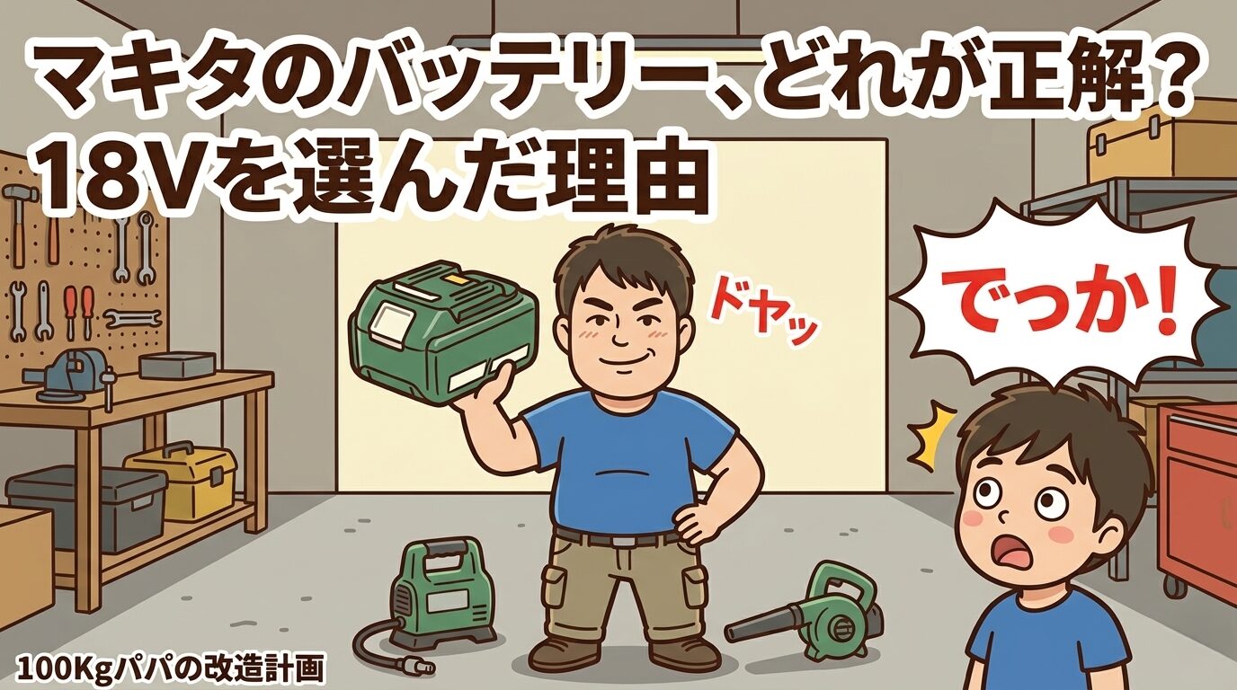 電動工具のバッテリーを掲げて解説する100kgパパのイラスト