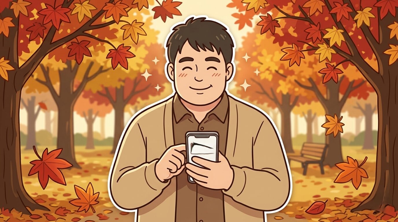 秋の落ち葉の中でクリニックの予約画面を見て安堵する100kgパパ|秋スタートが医療脱毛のベストシーズン
