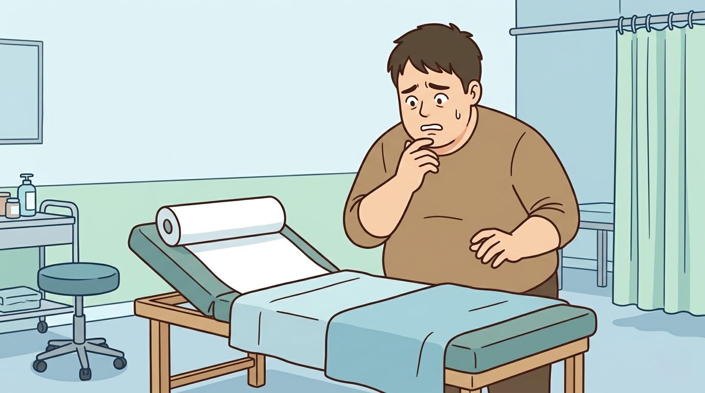 クリニックの施術台を前に不安そうに立つ太った男性のイラスト