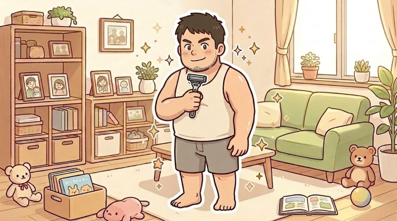 カミソリを手に広い体の自己処理に悩む100kgパパのイラスト
