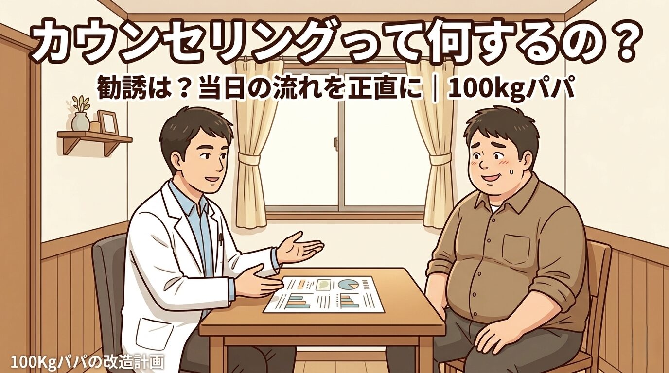 クリニックの診察室で、医師から治療プランの説明を受けるブラウンのシャツを着た巨漢パパのイラスト(カウンセリングの様子)