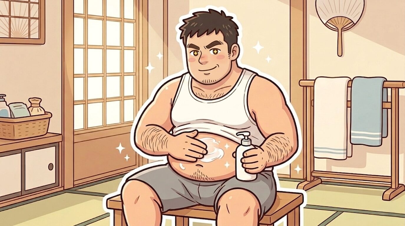 お風呂上がりにボディクリームでお腹を保湿する100kgパパのイラスト