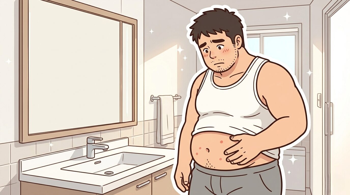 洗面所の鏡の前でお腹の毛嚢炎の経過を観察する100kgパパのイラスト