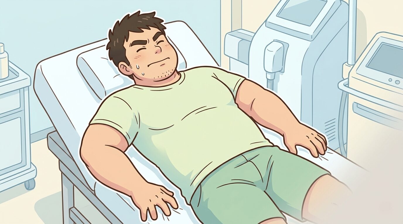 施術台で目を閉じて身構える100kgパパのイラスト