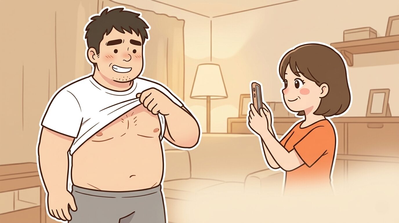 脱毛前日、剃る前の胸を見せてママにスマホで写真を撮ってもらう100kgパパのイラスト