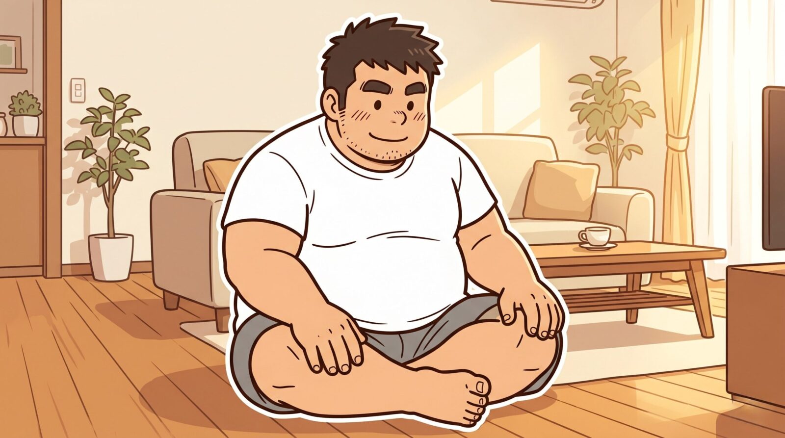 部屋着の短パンでリラックスしてあぐらをかく100kgパパのイラスト