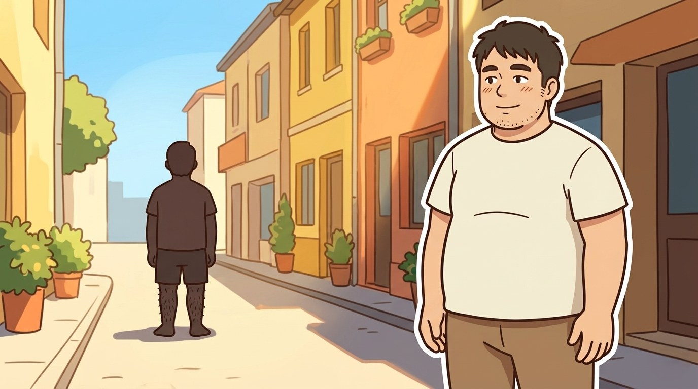 街で毛深い男性の後ろ姿を見て昔の自分を思い出す100kgパパのイラスト