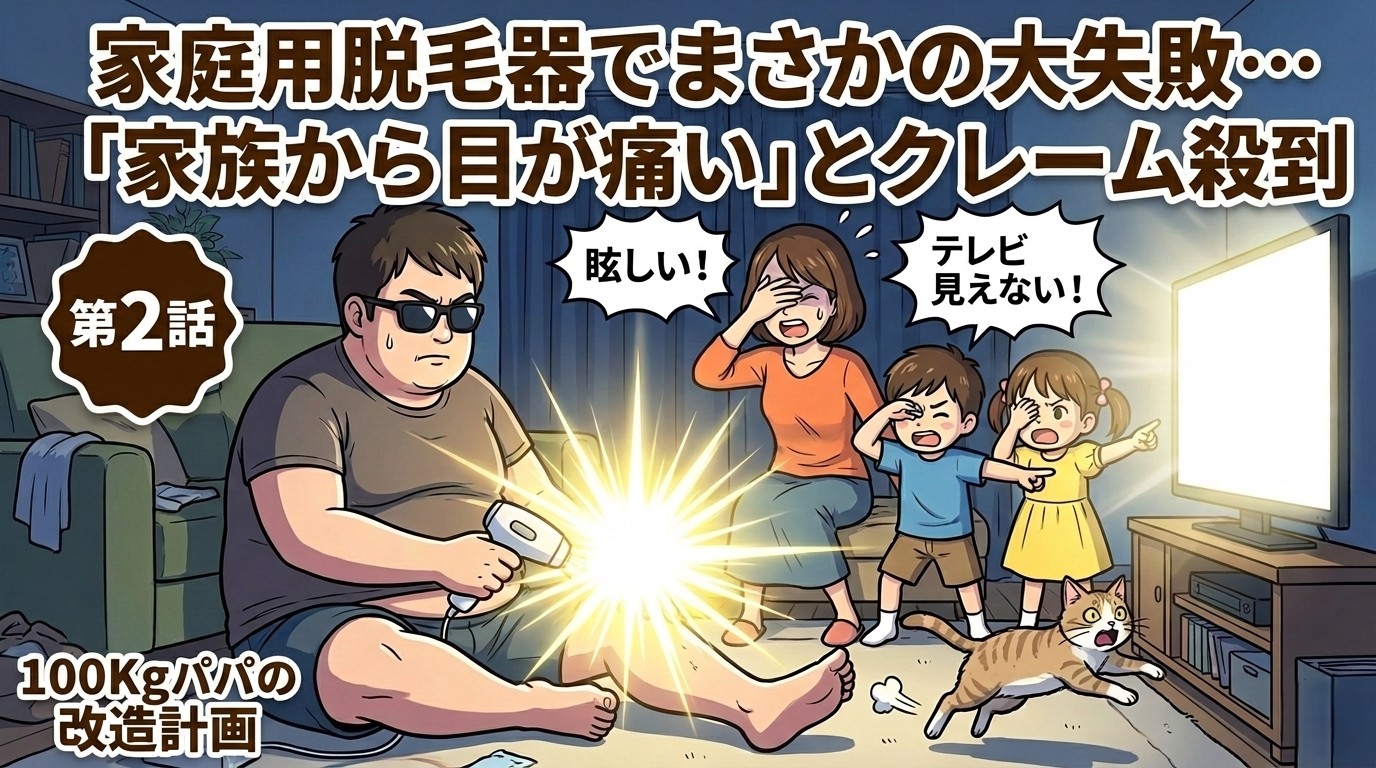 家庭用脱毛器を使い家族から眩しいとクレームを受ける100kgパパのイラスト