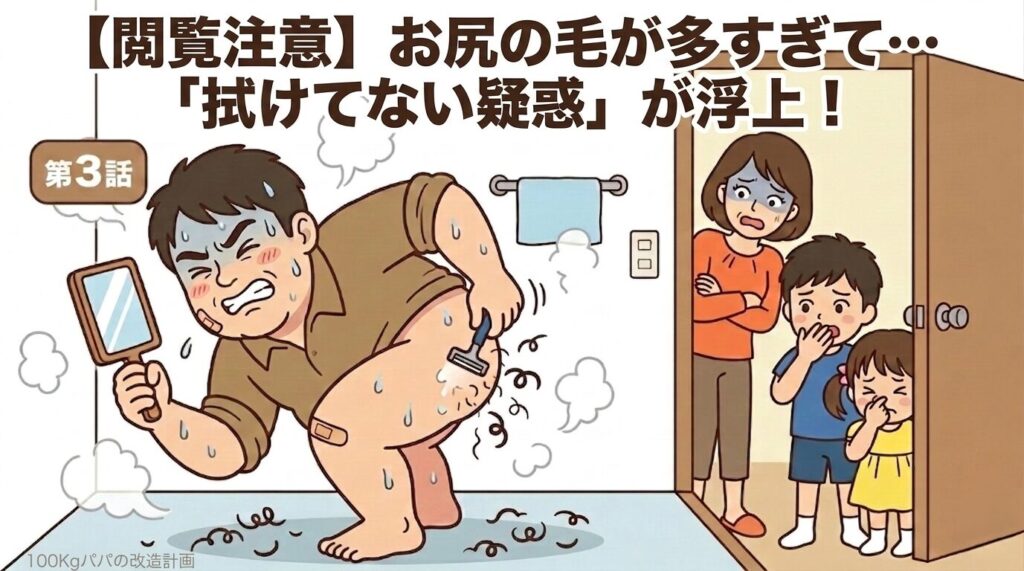 お尻の毛の多さに悩んで剃毛する100kgパパを家族が見ているイラスト