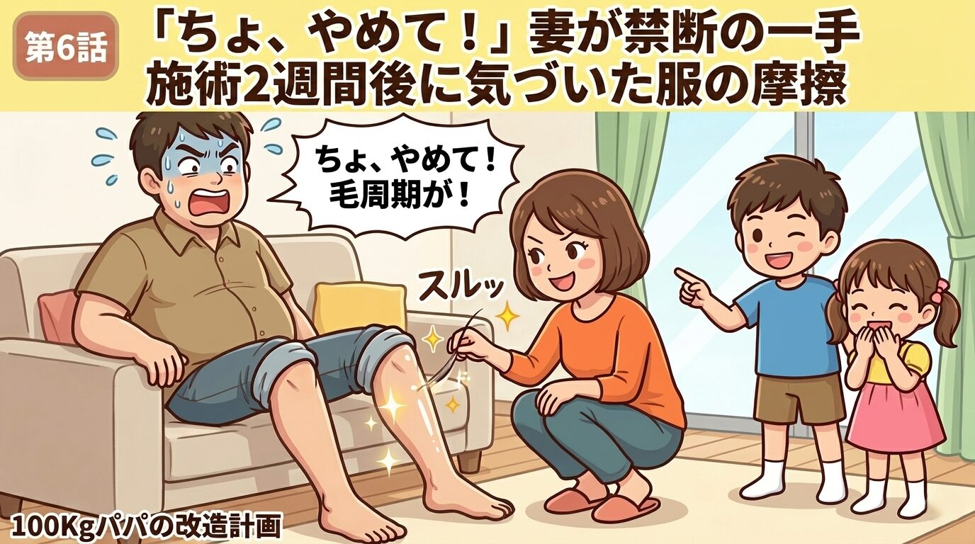 妻に毛をつままれて驚く100kgパパと家族のイラスト