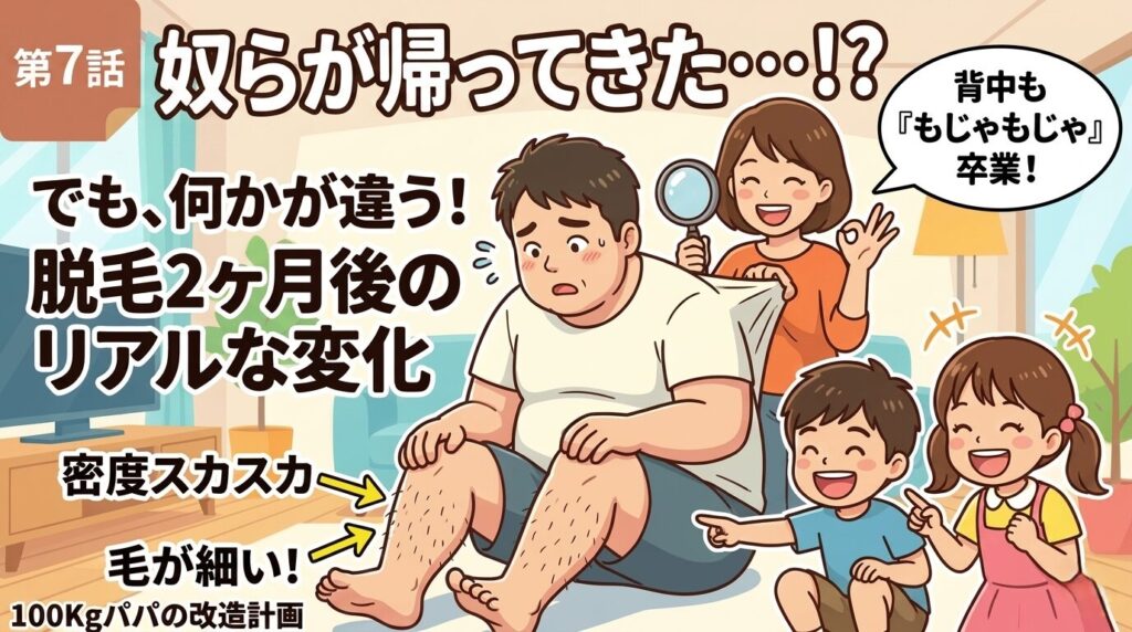 医療脱毛2ヶ月後に再生した体毛を家族と確認する100kgパパのイラスト