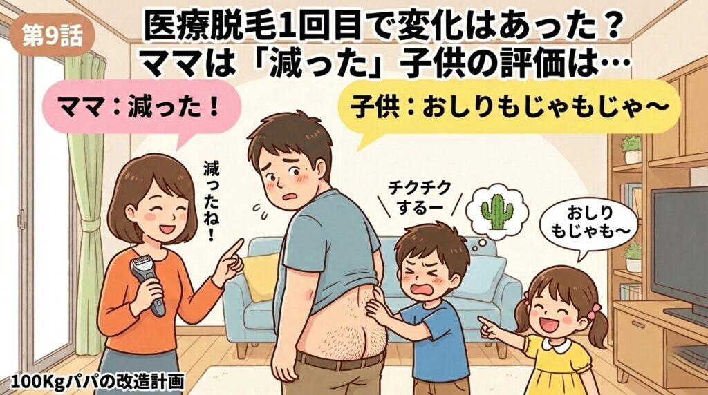 医療脱毛1回目の変化を家族で確認する100kgパパのイラスト