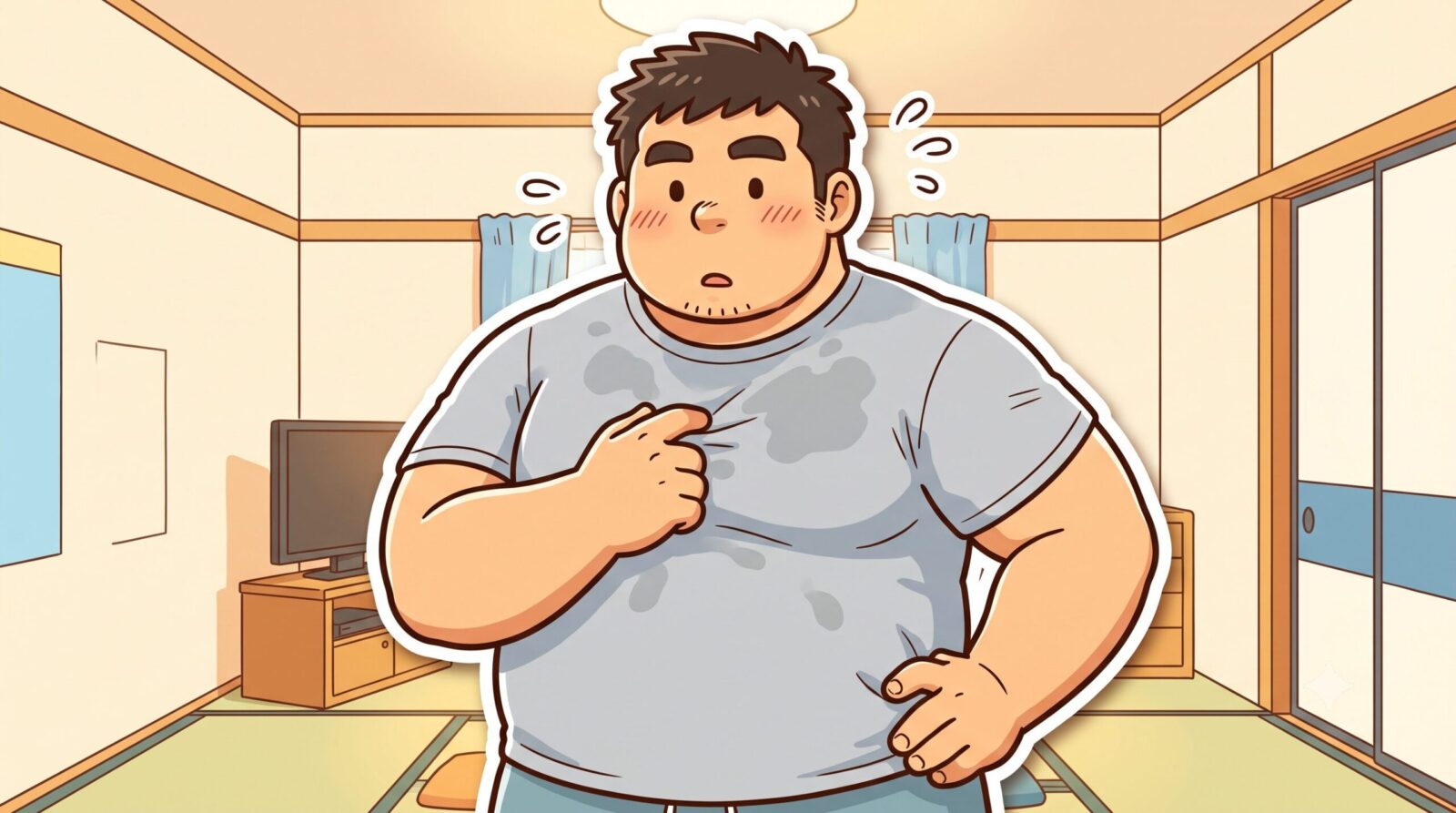 汗で濡れたTシャツの胸元を触って変化に気づく100kgパパのイラスト