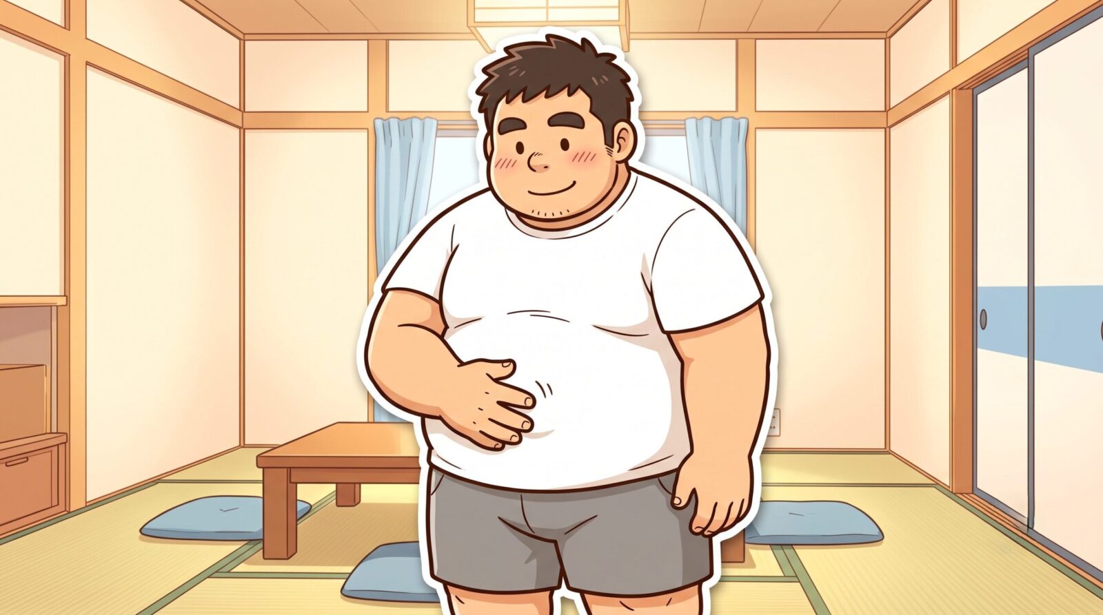 お腹を見て毛が減りスッキリして満足げな100kgパパのイラスト