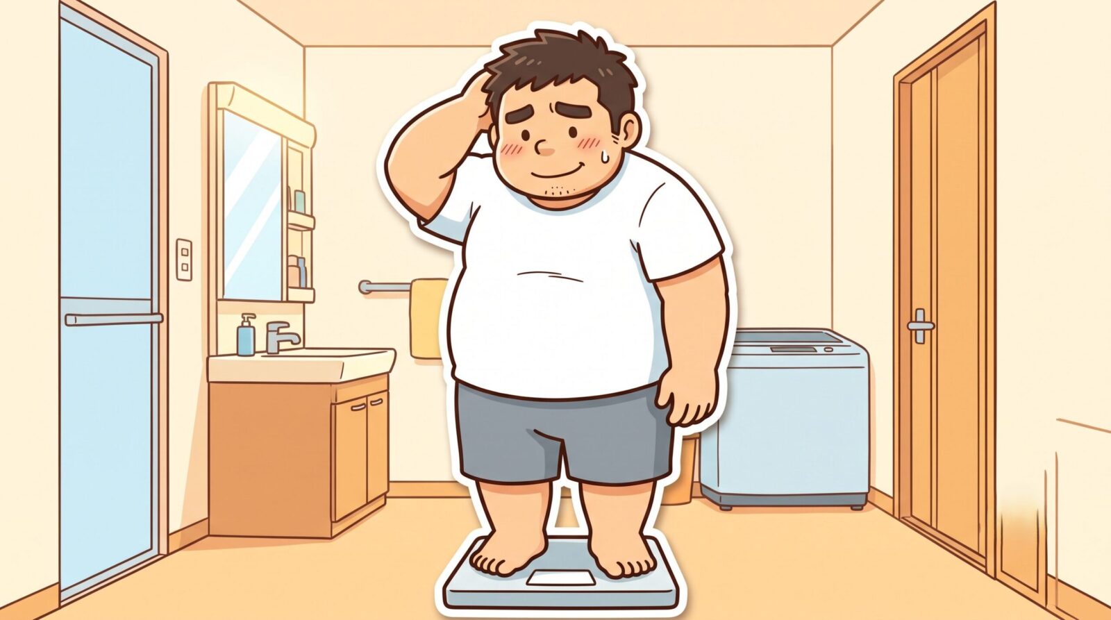 体重計に乗って苦笑いする100kgパパのイラスト
