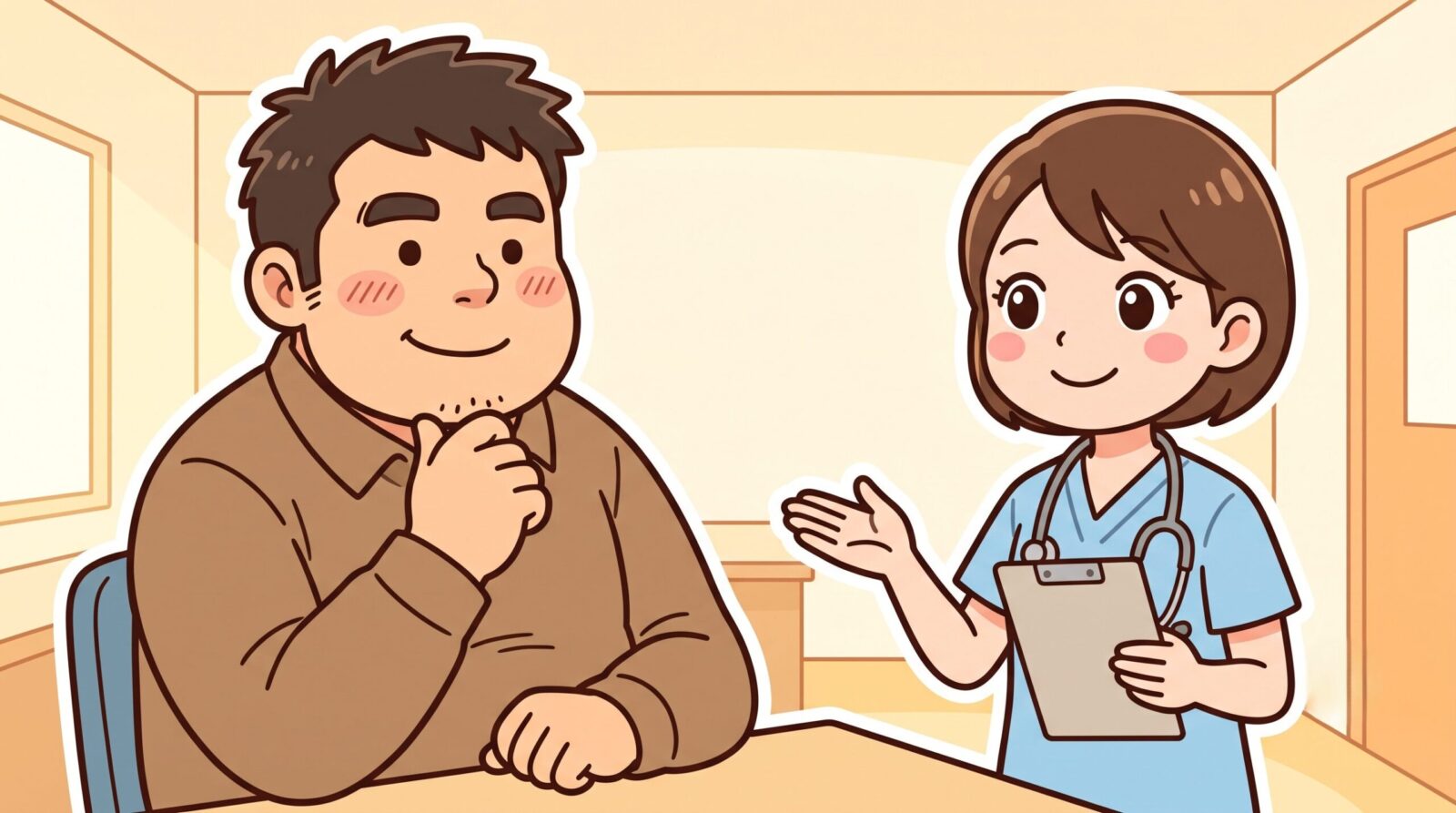 カウンセリングで説明を受けて安心する100kgパパのイラスト