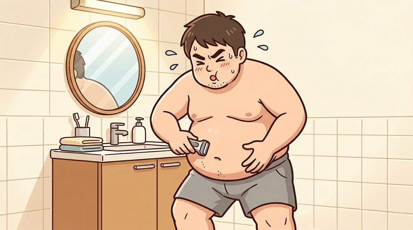 洗面所で前かがみになり、お腹の毛をボディシェーバーで剃ろうとして苦しそうな100kgのパパのイラスト