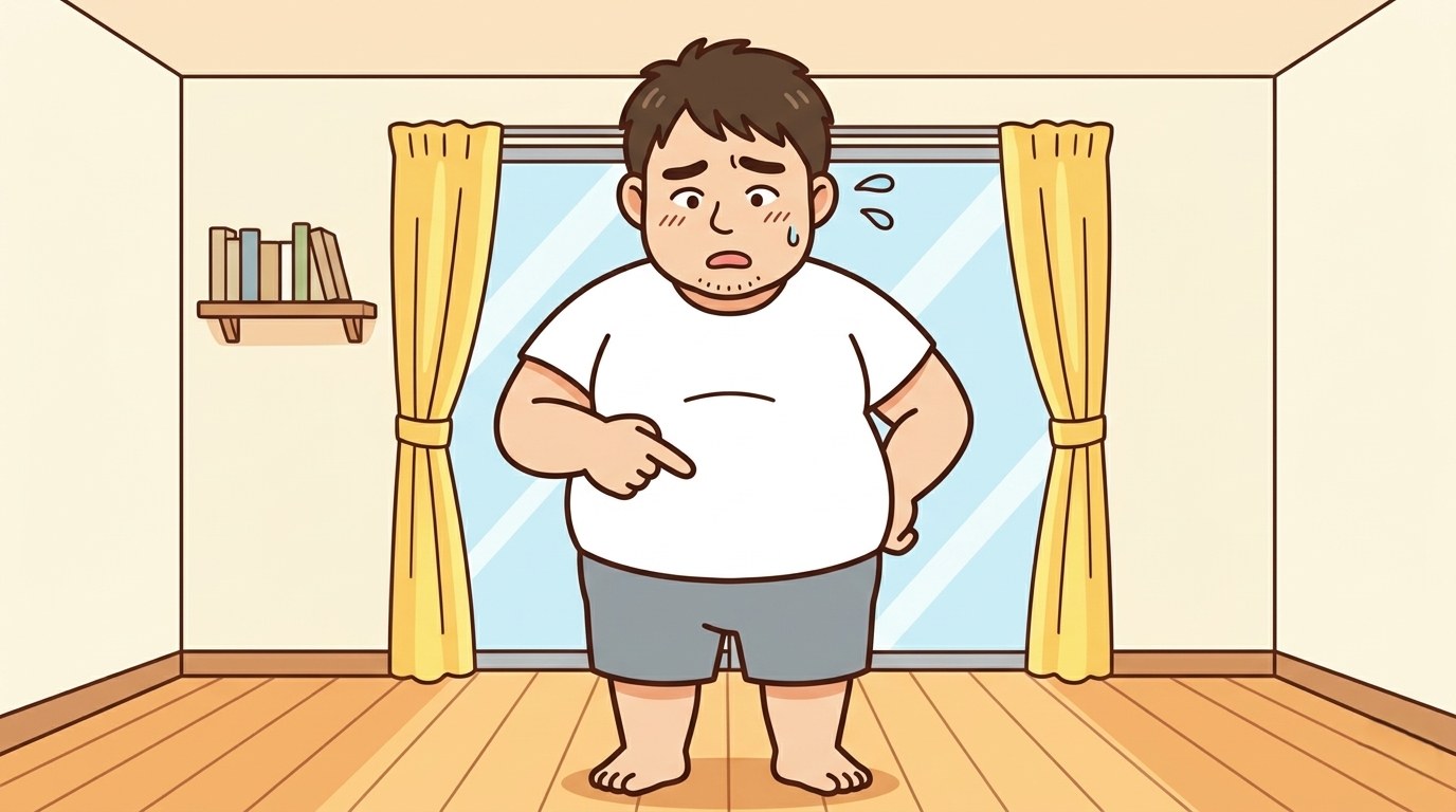 自分のお腹を指さして、毛の抜け残りに困惑する100kgのパパのイラスト