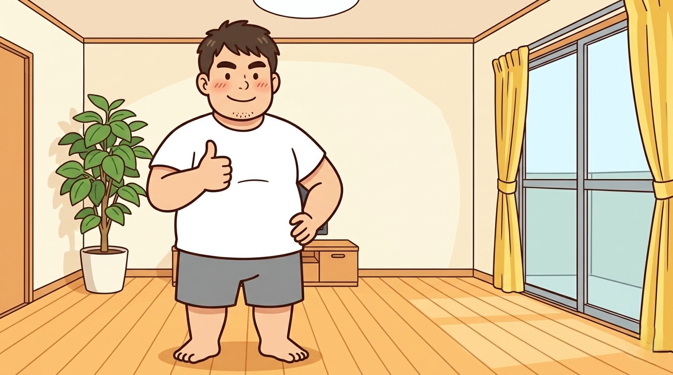 リビングで前向きにサムズアップする100kgのパパのイラスト