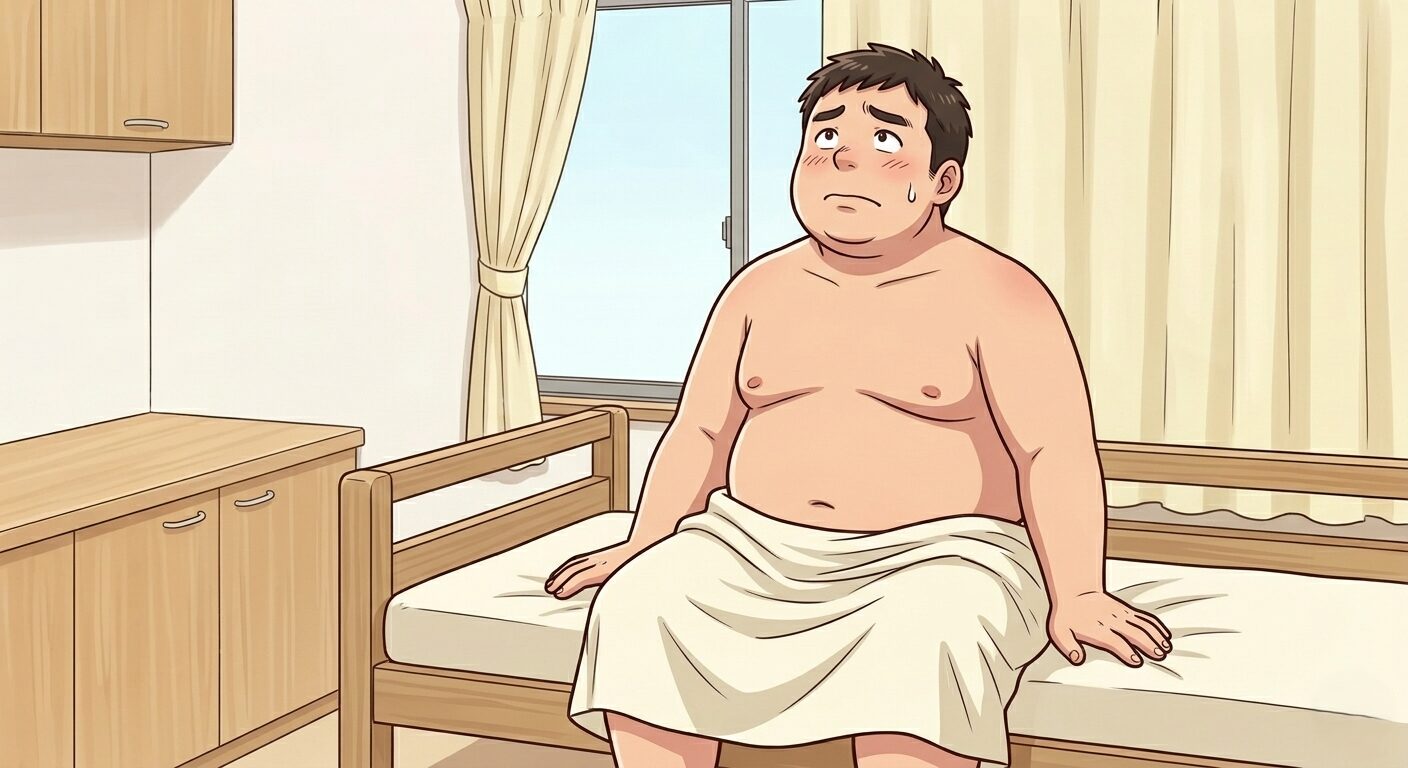 施術室で布を巻いて施術台に座り、不安そうに天井を見上げて看護師を待つ巨漢パパのイラスト