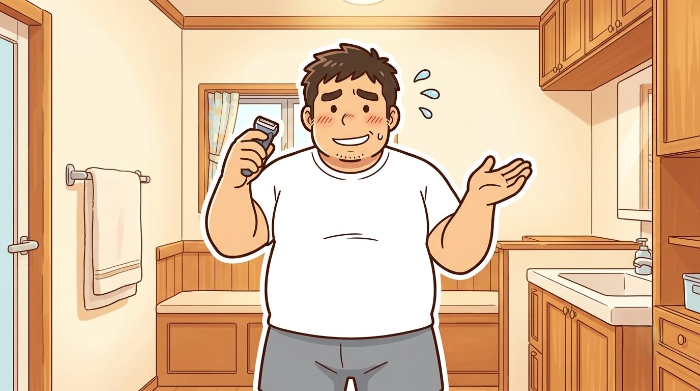 電動シェーバーを片手に背中に手が届かず困る100kgパパのイラスト
