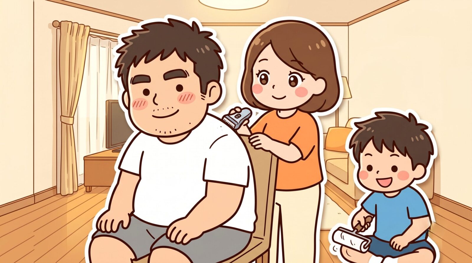 パパの背中をママがシェーバーで剃りチビタがコロコロで毛を集める家族の毛刈り協力体制のイラスト
