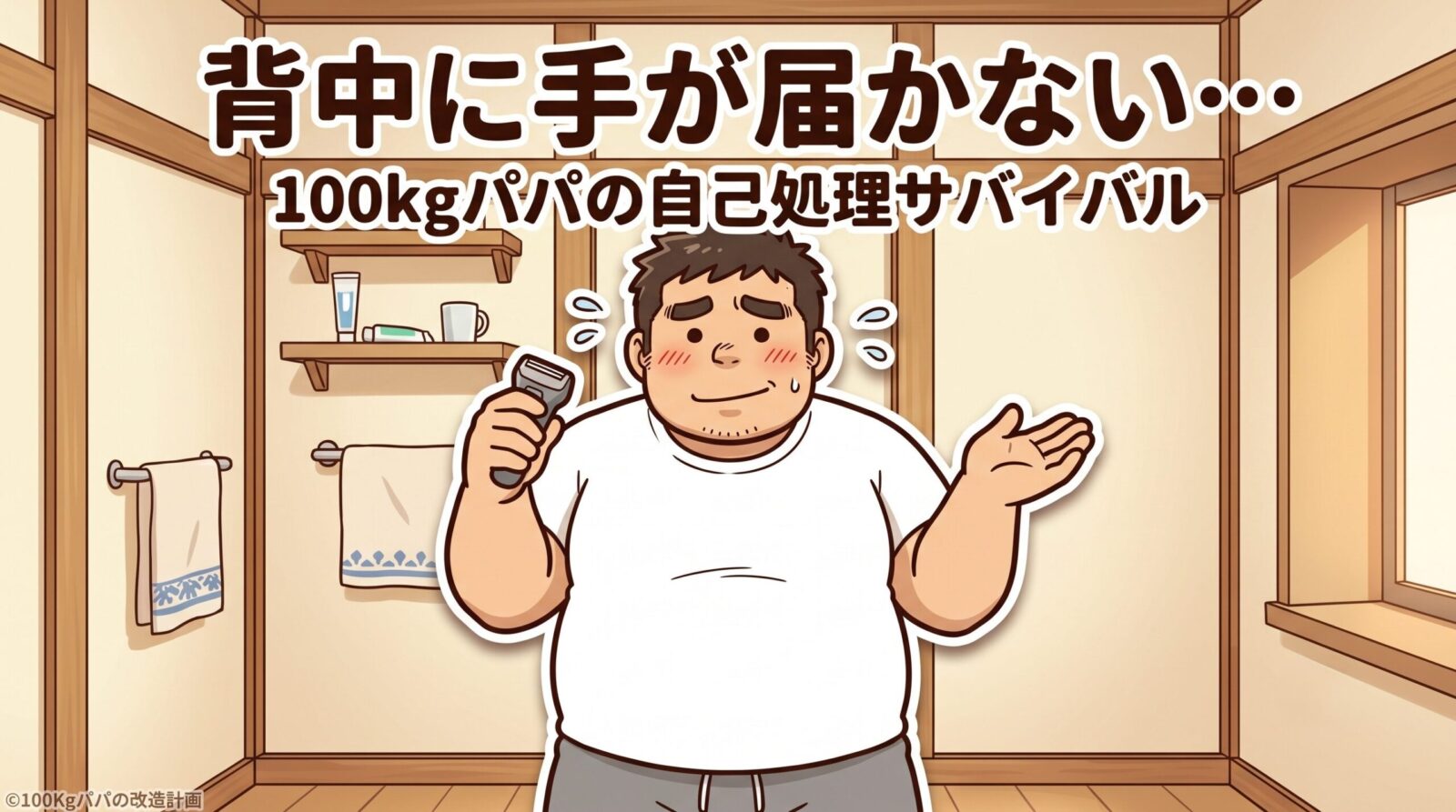 洗面所で電動シェーバーを手に背中に手が届かず困る100kgパパのイラスト
