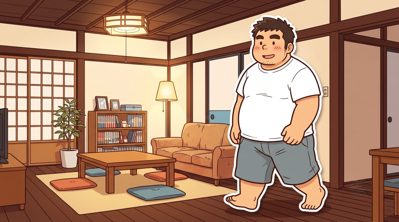短パンで歩いて擦れにくくなったと気づき少し嬉しそうな100kgパパのイラスト