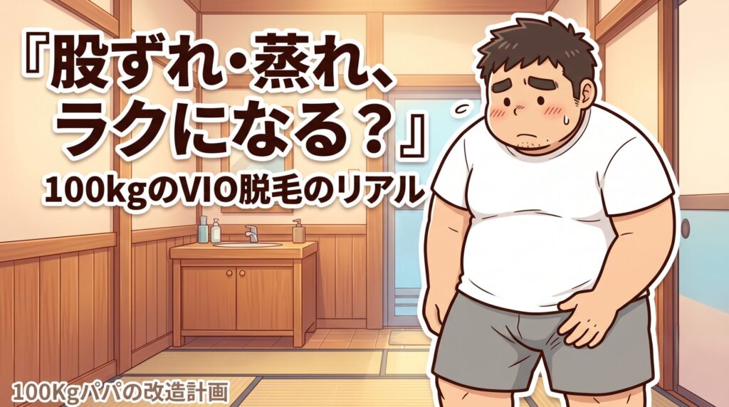短パン姿で太ももの内側を気にして股ずれに困る大柄な100kgパパのイラスト