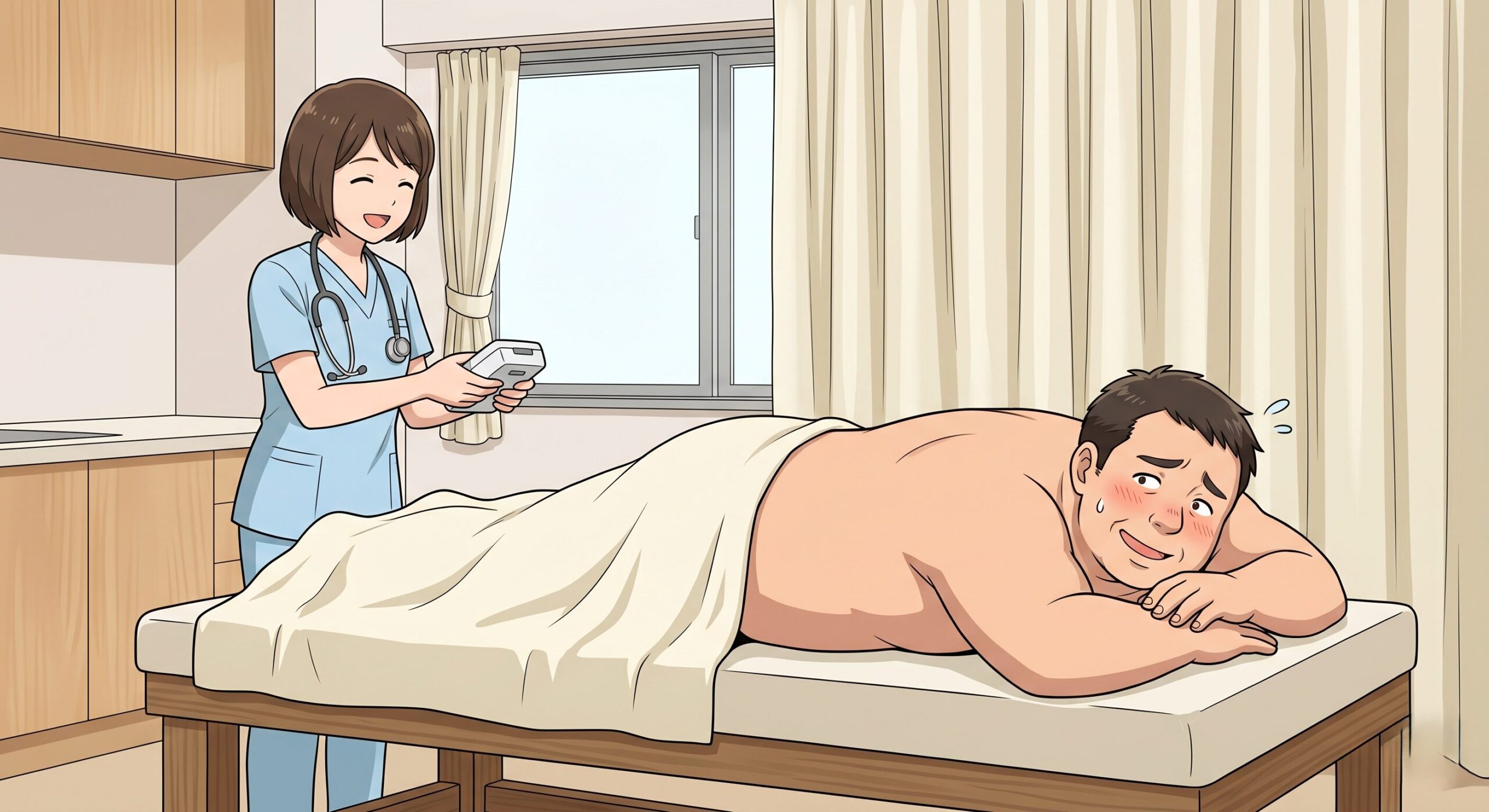 うつ伏せで広い背中を見せて照れて汗をかくパパと、笑顔で施術器具を構える女性看護師のイラスト