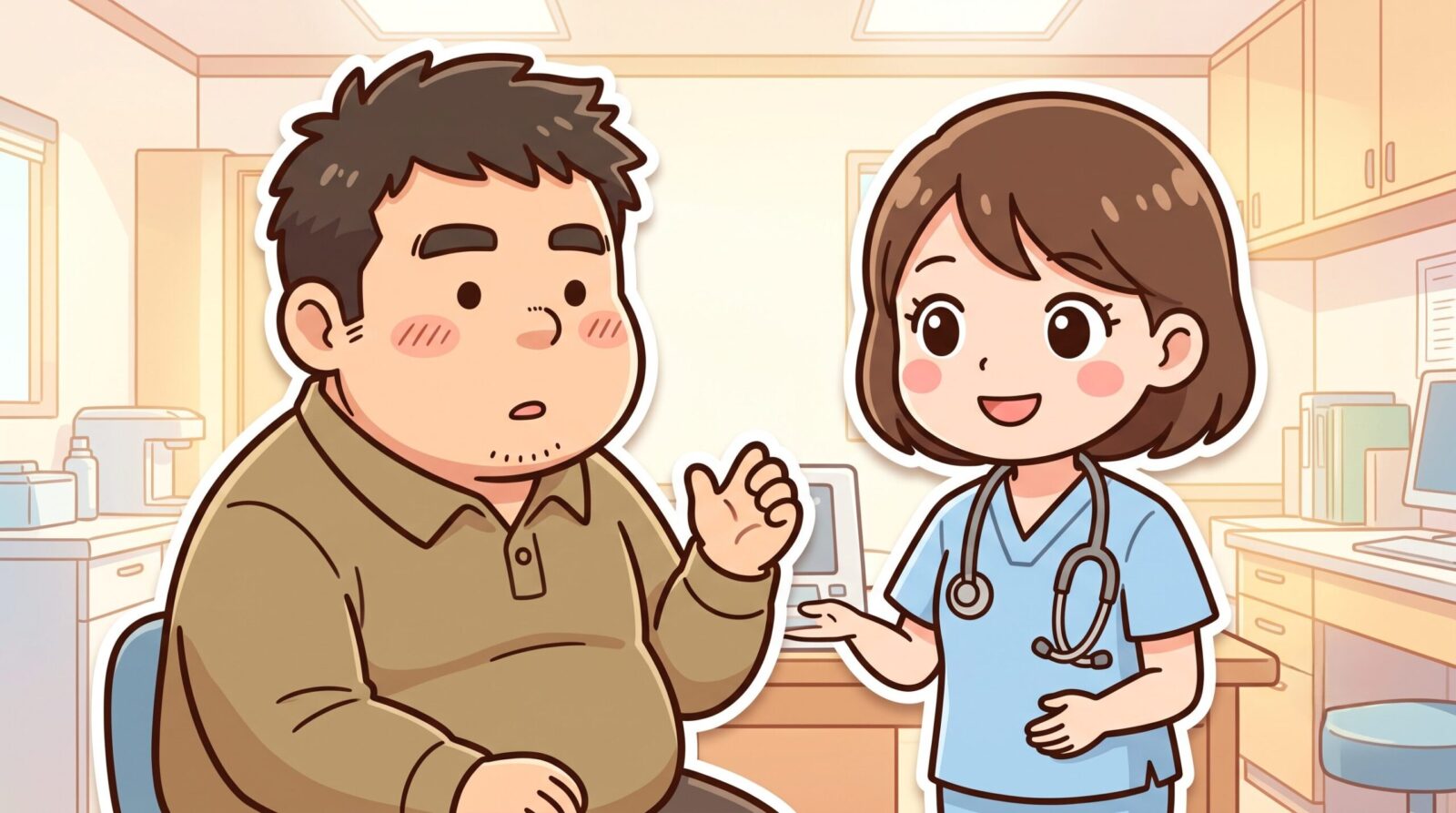 カウンセリングで脱毛機について質問して納得する100kgパパのイラスト