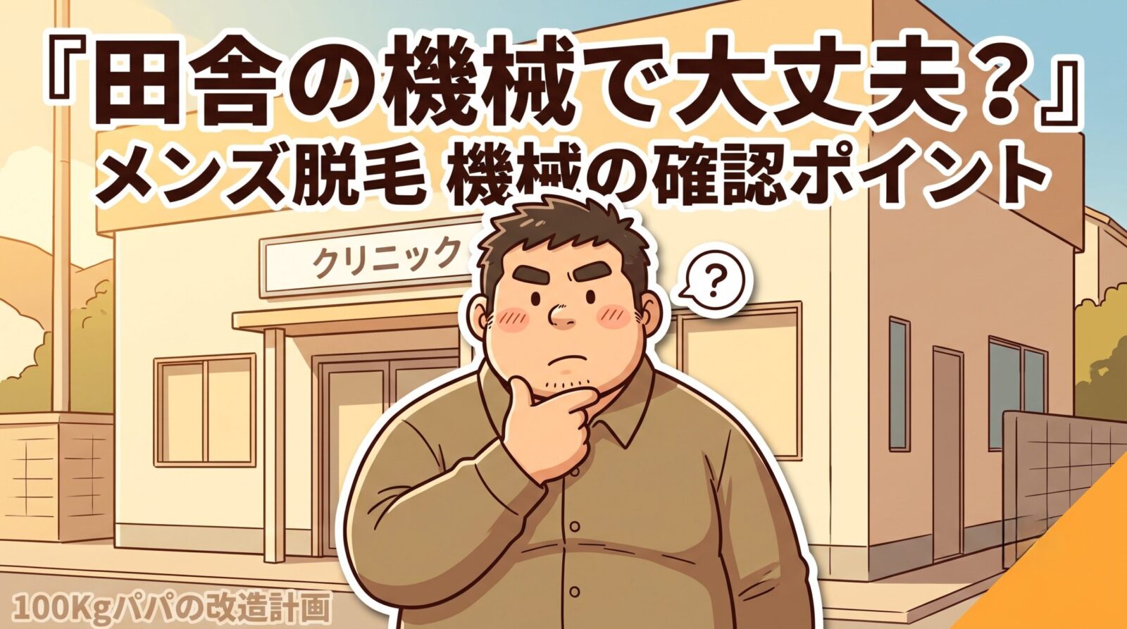 田舎の小さなクリニック前で「この機械で効くかな」と考える100kgパパのイラスト