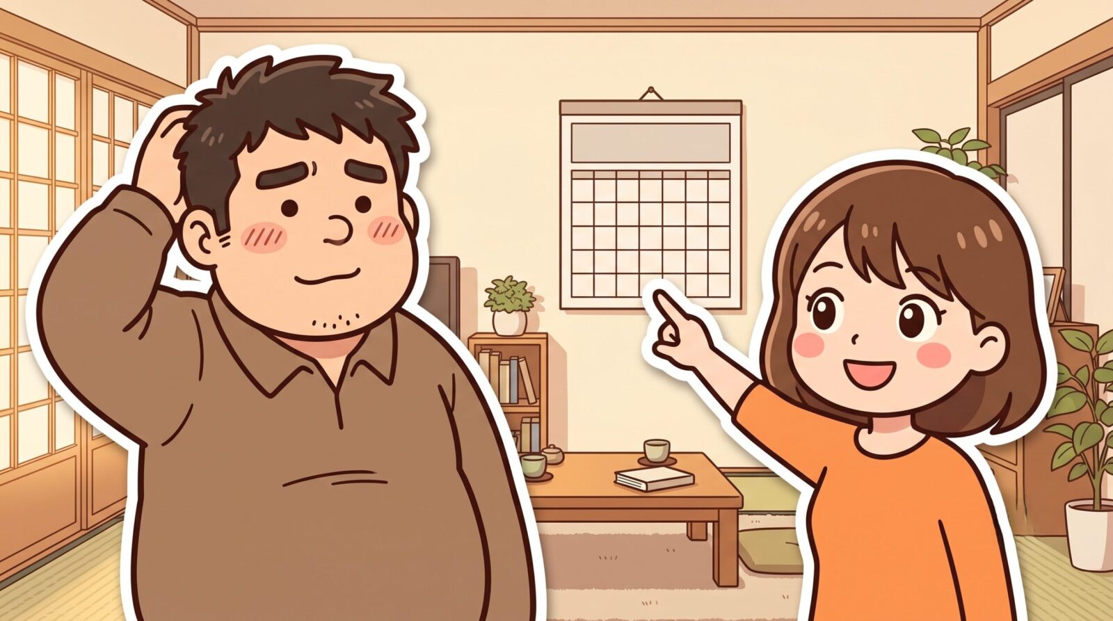 カレンダーを見ながら脱毛の通院予定を家族と調整する100kgパパのイラスト