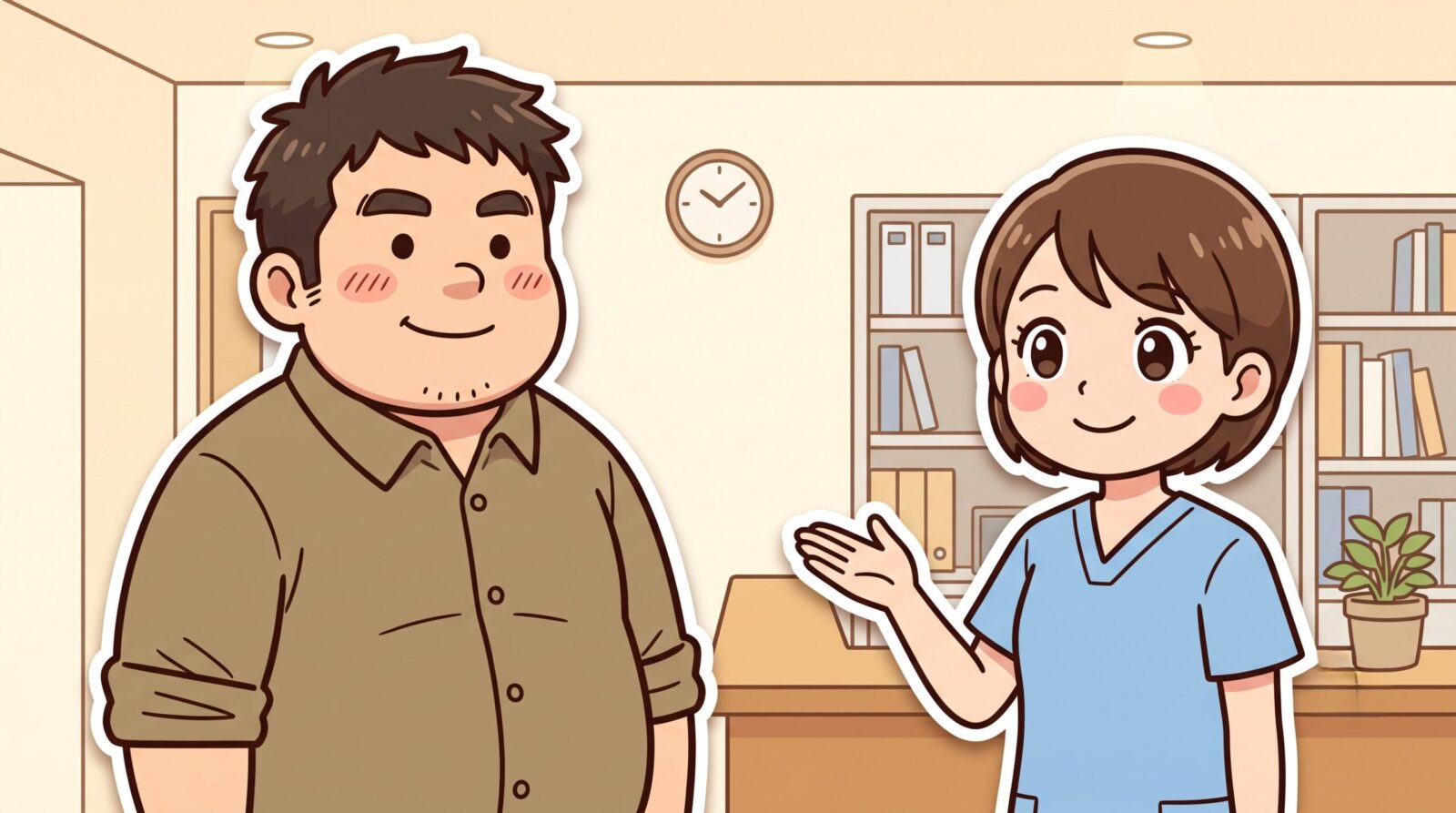 地元クリニックの受付でスタッフと和やかに話す100kgパパのイラスト