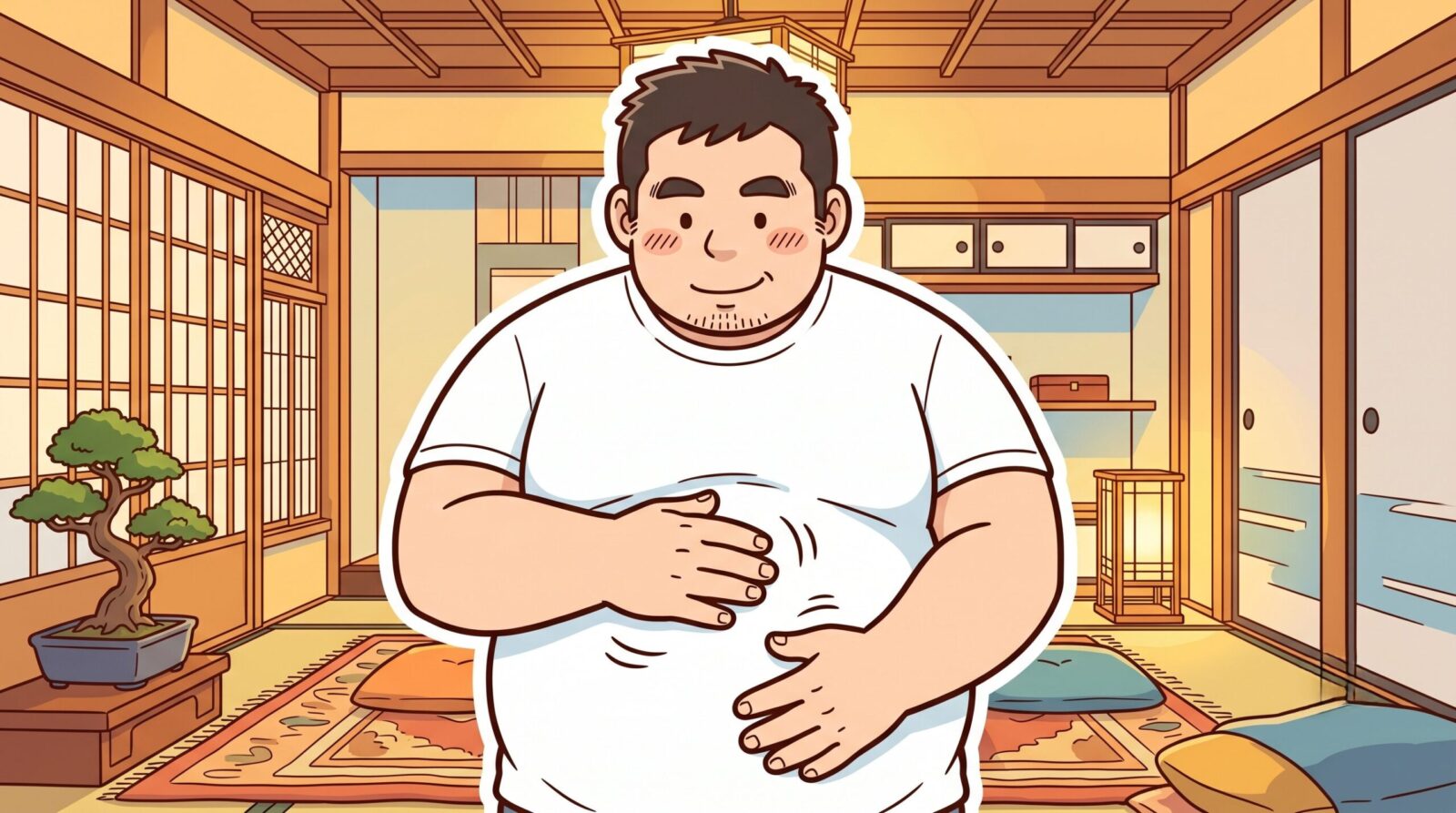 お腹をさすって毛が減ったか確かめ少し嬉しそうな100kgパパのイラスト