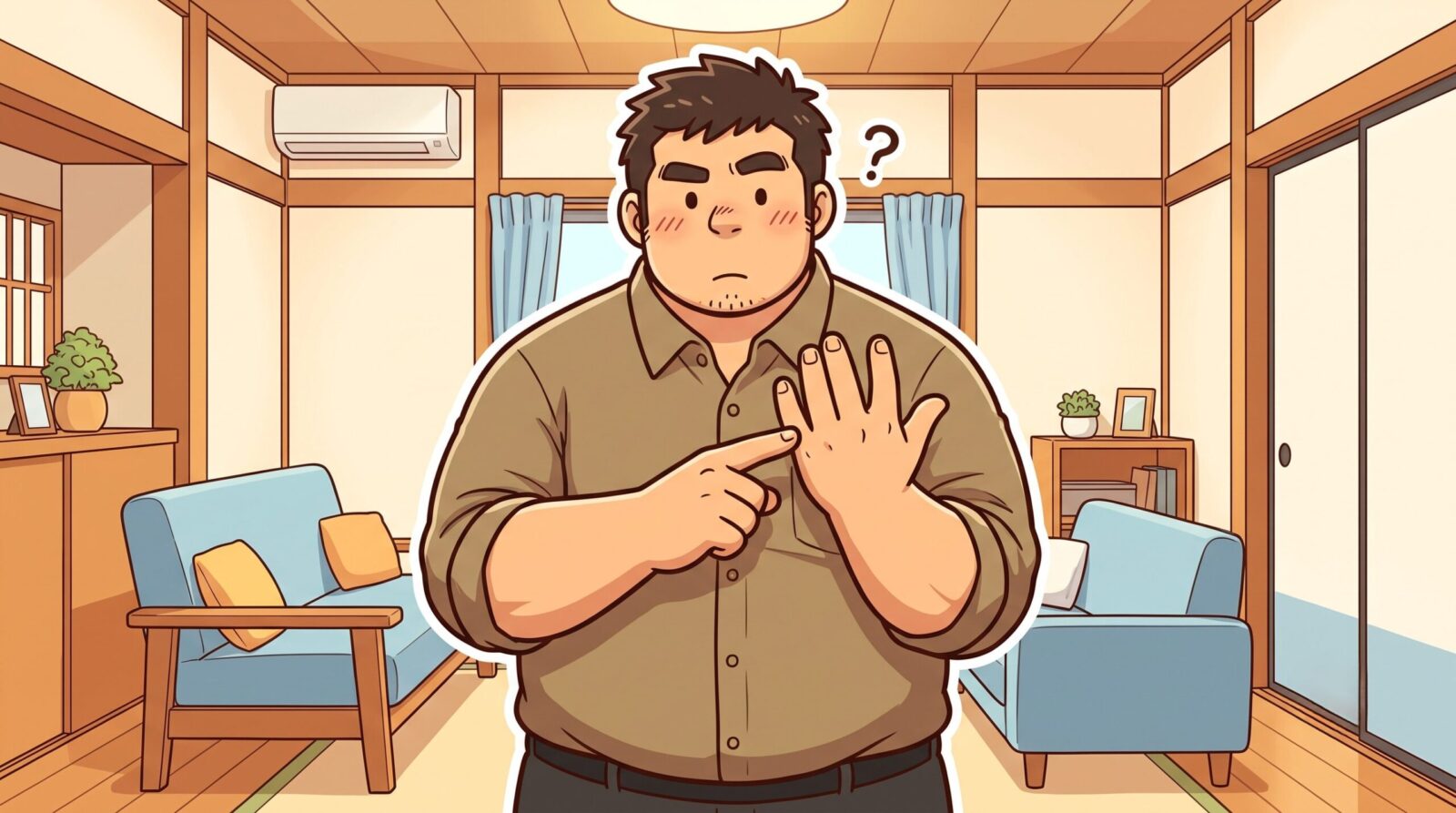 全身・VIO・ヒゲのどこを脱毛するか指を折って考える100kgパパのイラスト