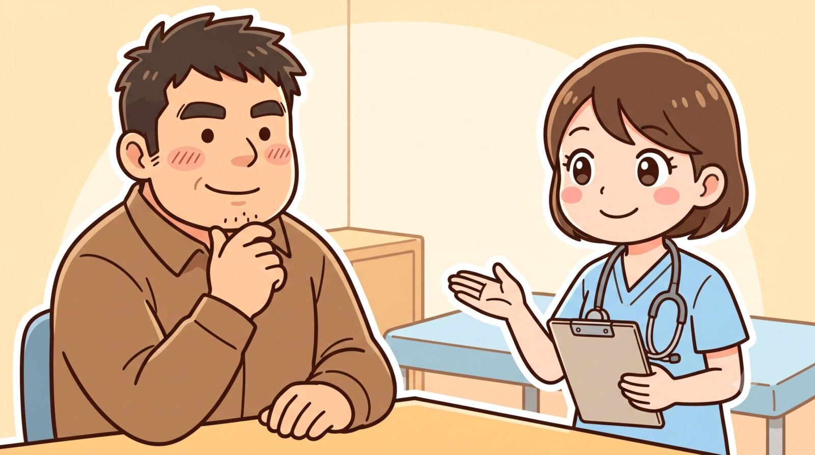 カウンセリングで脱毛する部位を相談して納得する100kgパパのイラスト